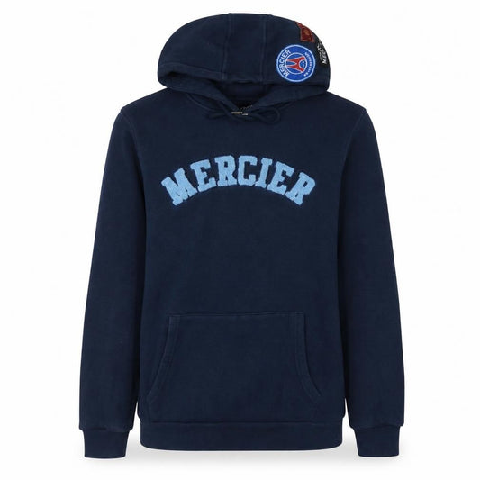 Front view of Mercier Men’s Blue Pullover Hoodie S Embroidered Logo Fleece