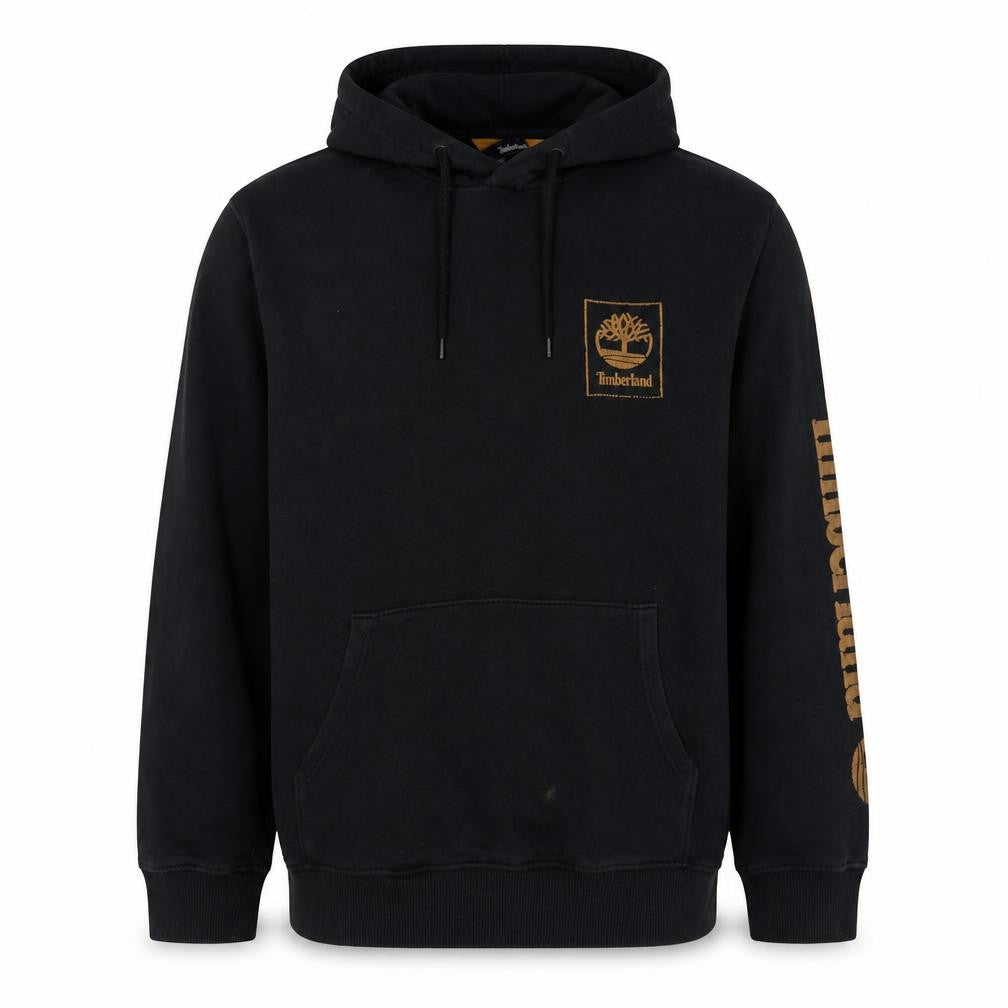 Front view of Timberland Men's Black Regular Fit Graphic Hoodie, size M