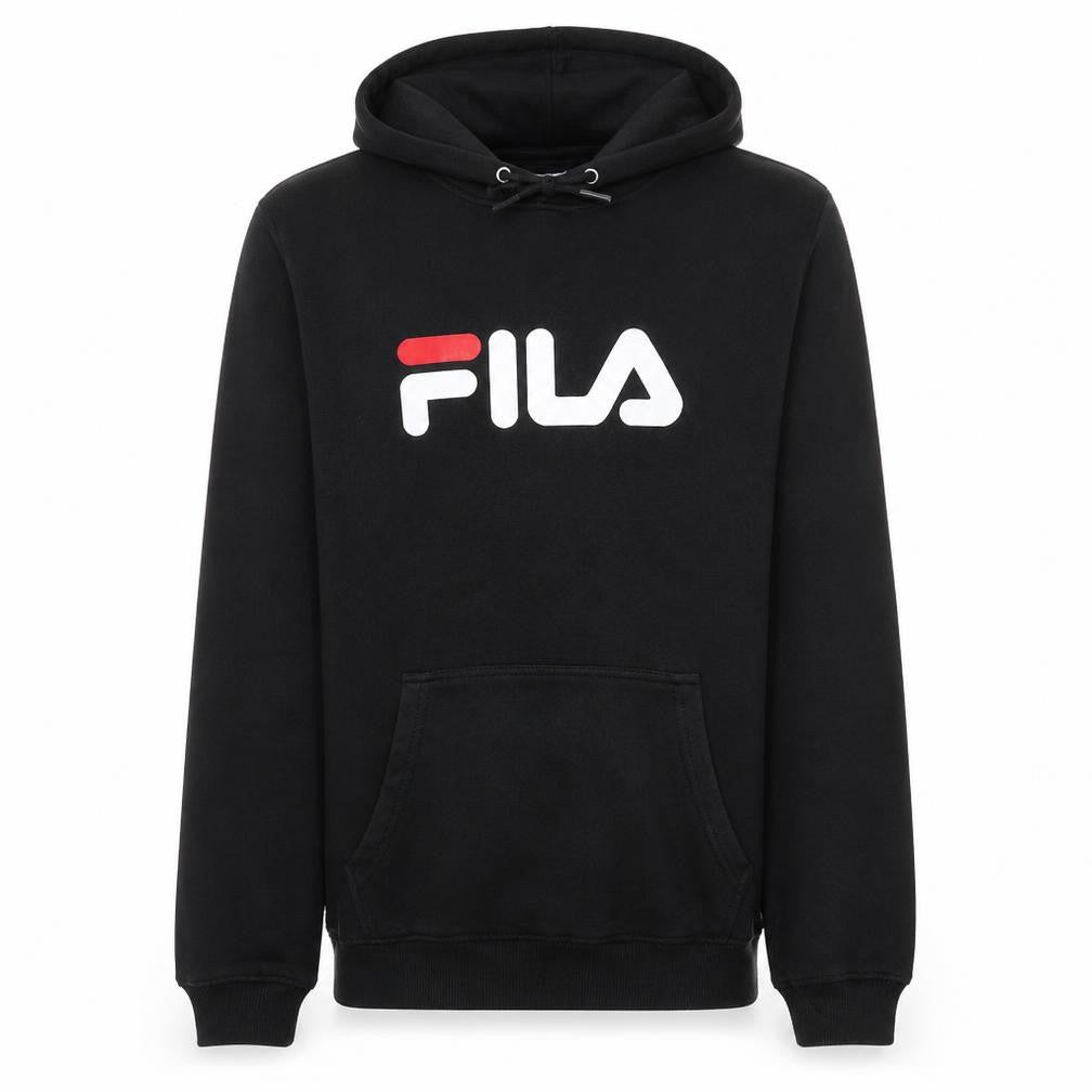 Front view of Fila Men’s Black Pullover Hoodie Small Logo Fleece Sweatshirt