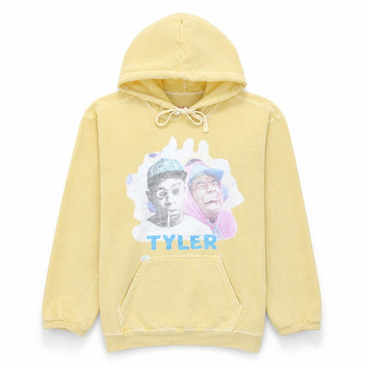 Front view of Savage Men Beige Graphic Pullover Hoodie, size M, Music Theme