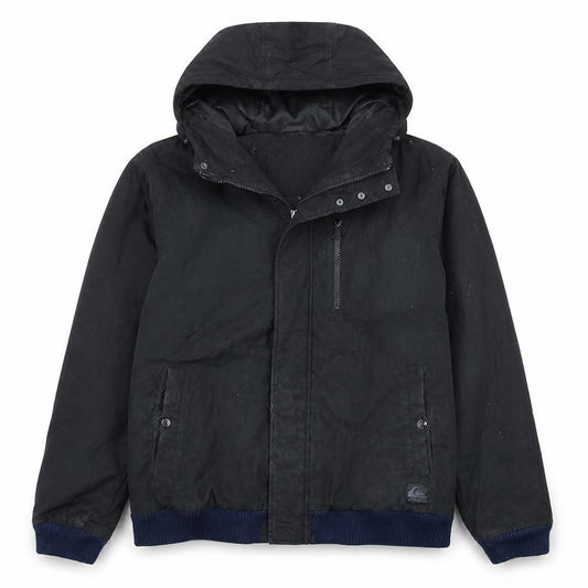 Front view of Quiksilver Men's Black Hooded Bomber Jacket, size S