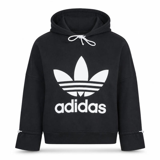 Front view of Adidas women’s black hooded pullover sweatshirt, size UK 14, logo print