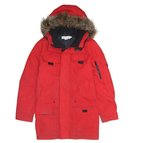H&M L.O.G.G. Men's Red Hooded Parka Coat M Faux Fur Trim Winter Jacket