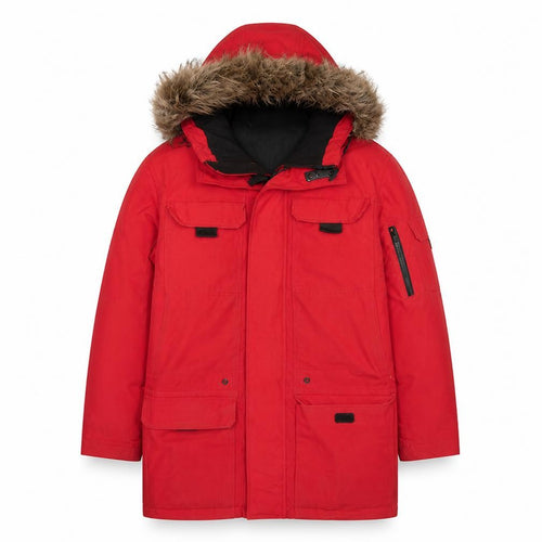 H&M L.O.G.G. Men's Red Hooded Parka Coat M Faux Fur Trim Winter Jacket
