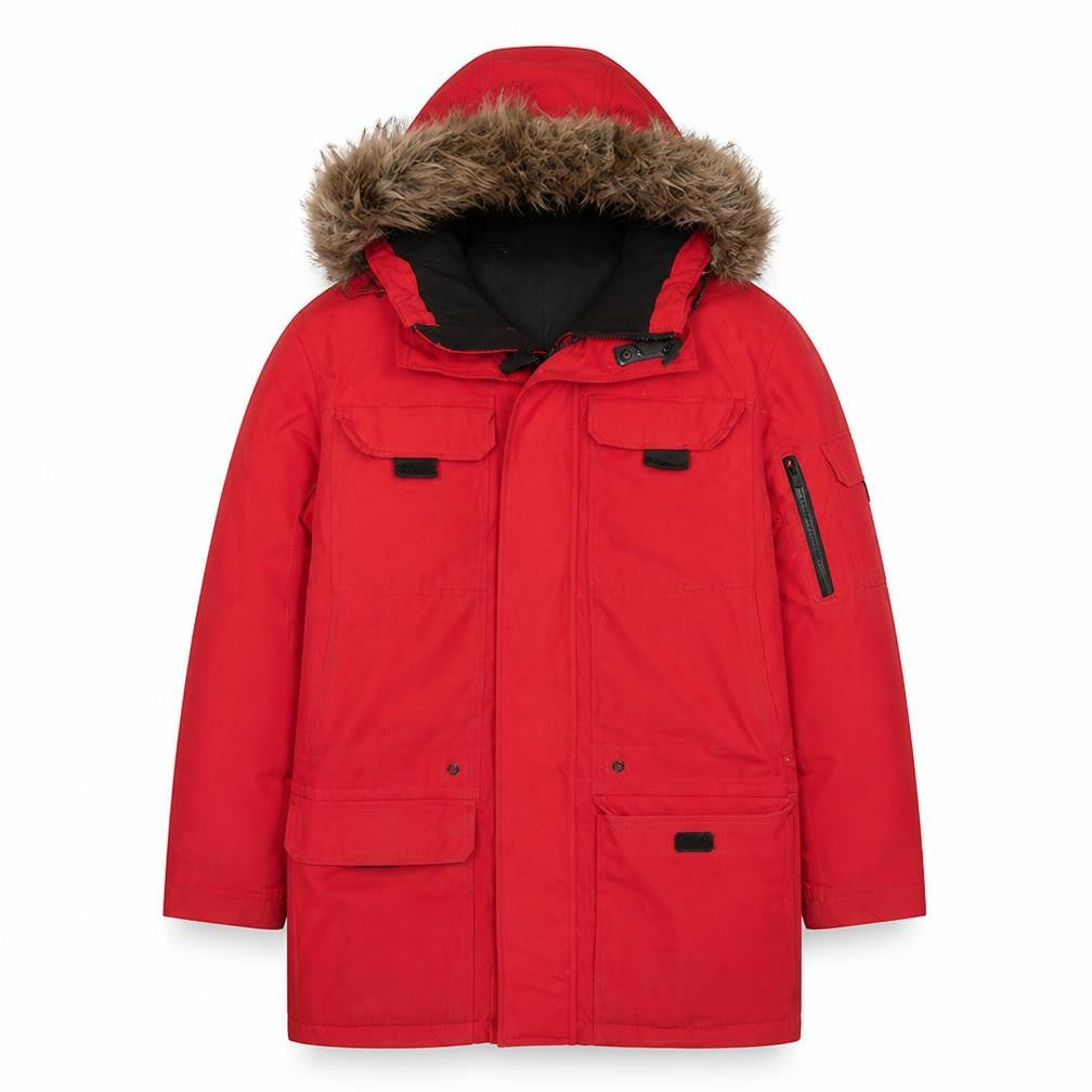 H&M L.O.G.G. Men's Red Hooded Parka Coat M Faux Fur Trim Winter Jacket