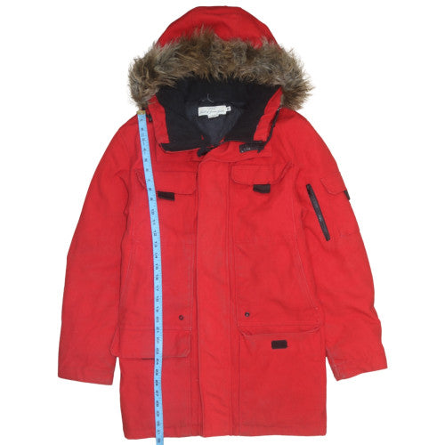 H&M L.O.G.G. Men's Red Hooded Parka Coat M Faux Fur Trim Winter Jacket