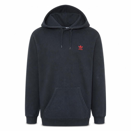 Front view of Adidas men’s black pullover hoodie, size M, regular fit fleece