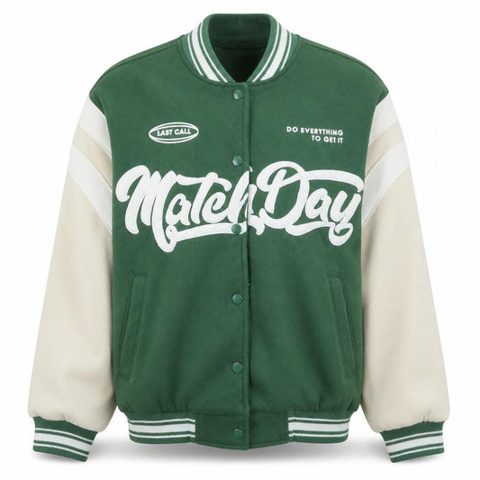 Front view of Bershka Women's Green Varsity Jacket, size S, Casual Short Style