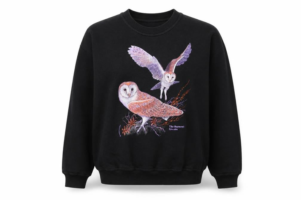 Front view of JT's Classic Women's Black Owl Print Pullover Sweatshirt M
