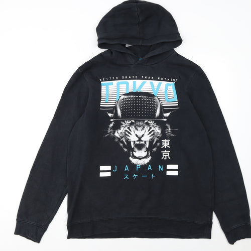 C&A Boys Black Tokyo Tiger Skate Print Pullover Hoodie Size 154