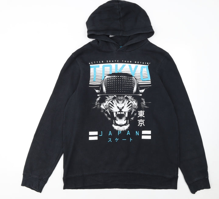 C&A Boys Black Tokyo Tiger Skate Print Pullover Hoodie Size 154
