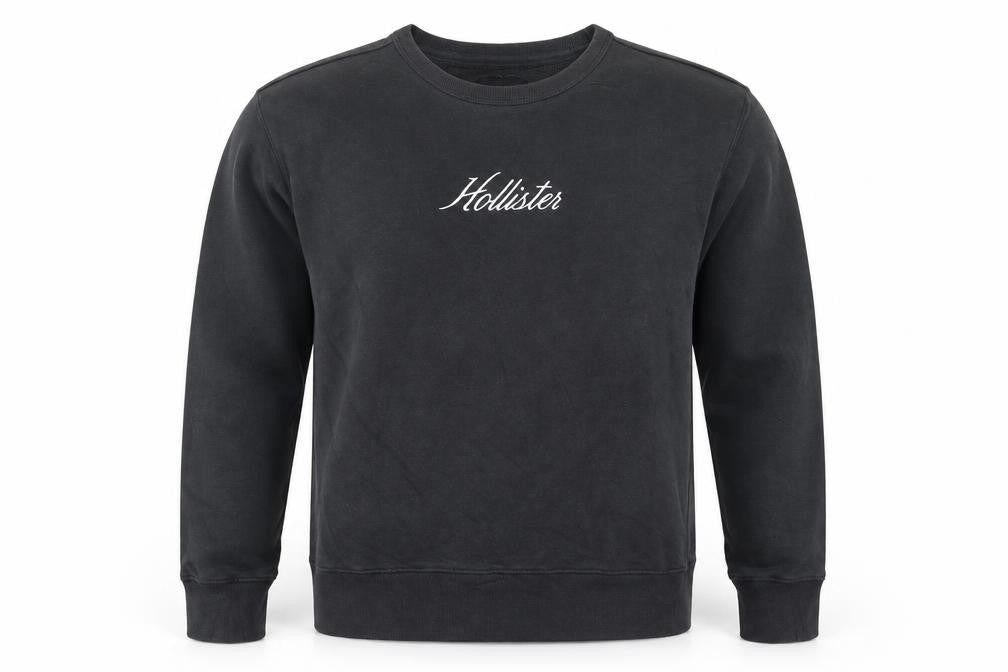 Front view of Hollister Men's Black Pullover Sweatshirt M Logo Crewneck