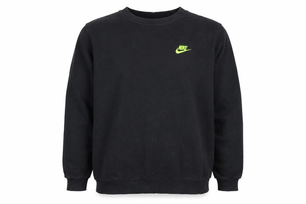 Front view of Nike boys’ black xl pullover sweatshirt with neon logo – regular fit
