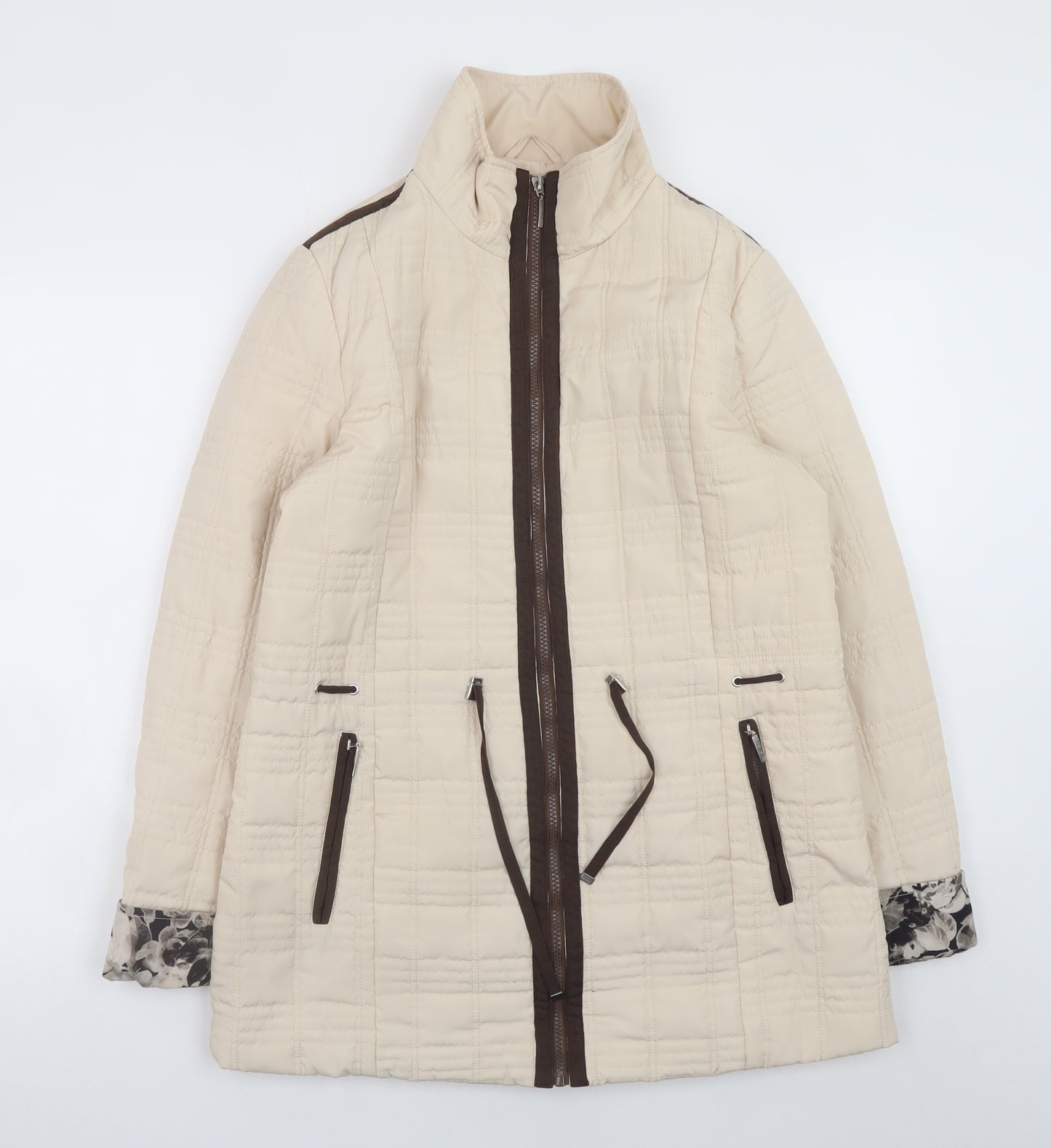 JBC Collection Women Beige Quilted Mid-Length Jacket Size 12 Polyester Zip Padded