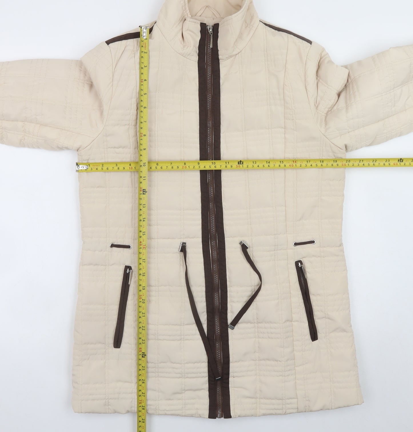 JBC Collection Women Beige Quilted Mid-Length Jacket Size 12 Polyester Zip Padded