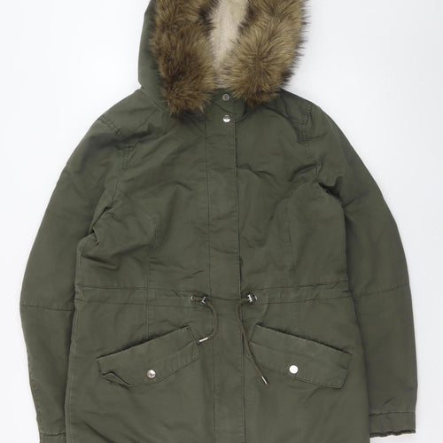 H&M Women's Green Cotton Parka Jacket with Faux Fur Hood Size 12