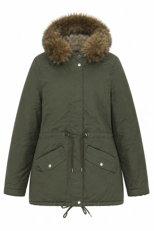 Front view of H&M Women's Green Cotton Parka Jacket with Faux Fur Hood, size 12