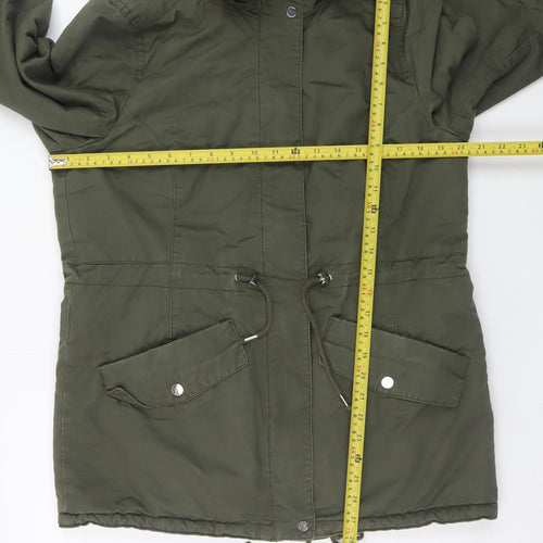 H&M Women's Green Cotton Parka Jacket with Faux Fur Hood Size 12
