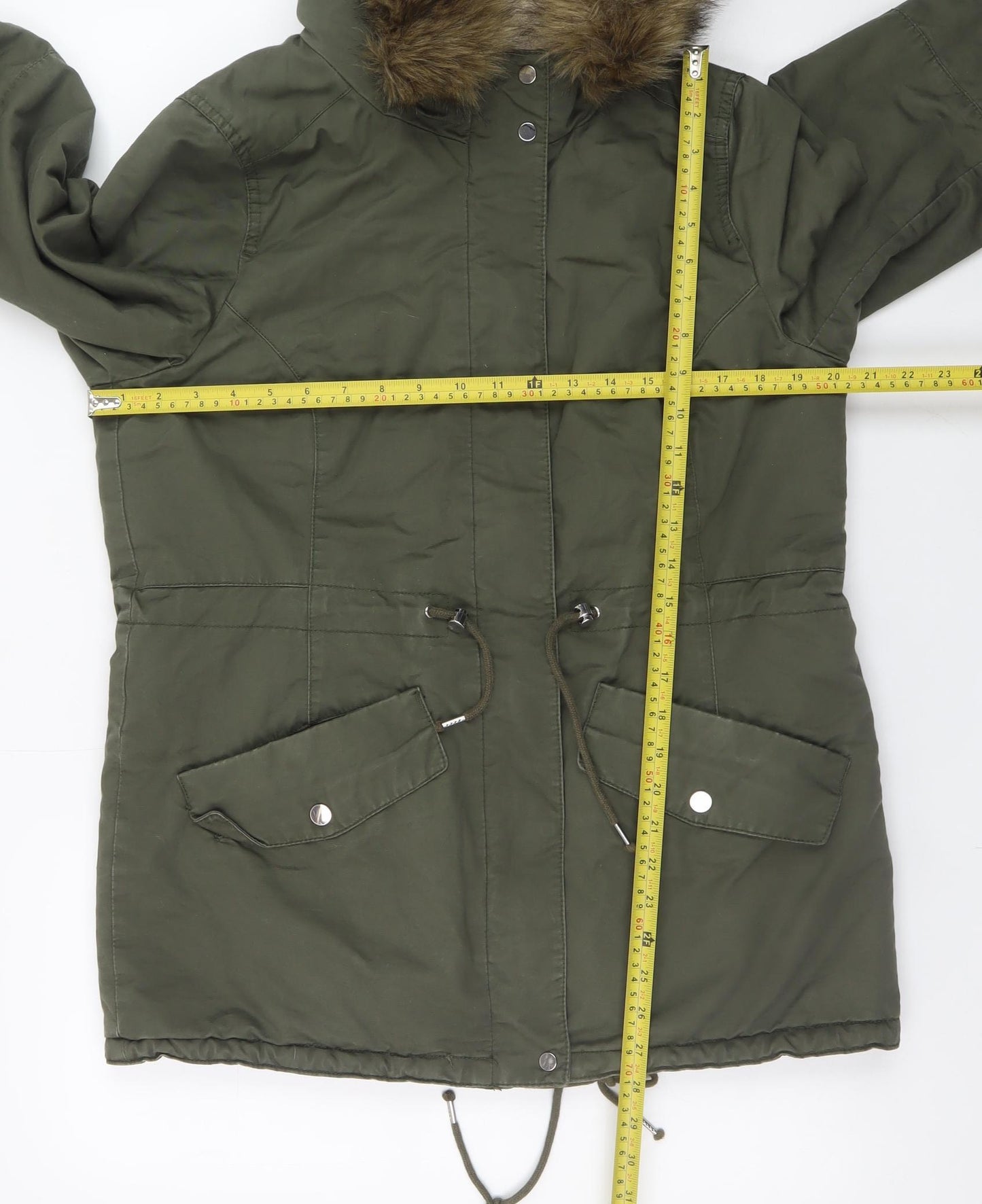 H&M Women's Green Cotton Parka Jacket with Faux Fur Hood Size 12