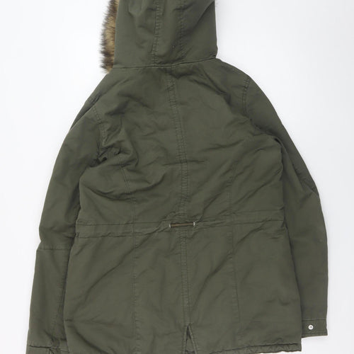 H&M Women's Green Cotton Parka Jacket with Faux Fur Hood Size 12
