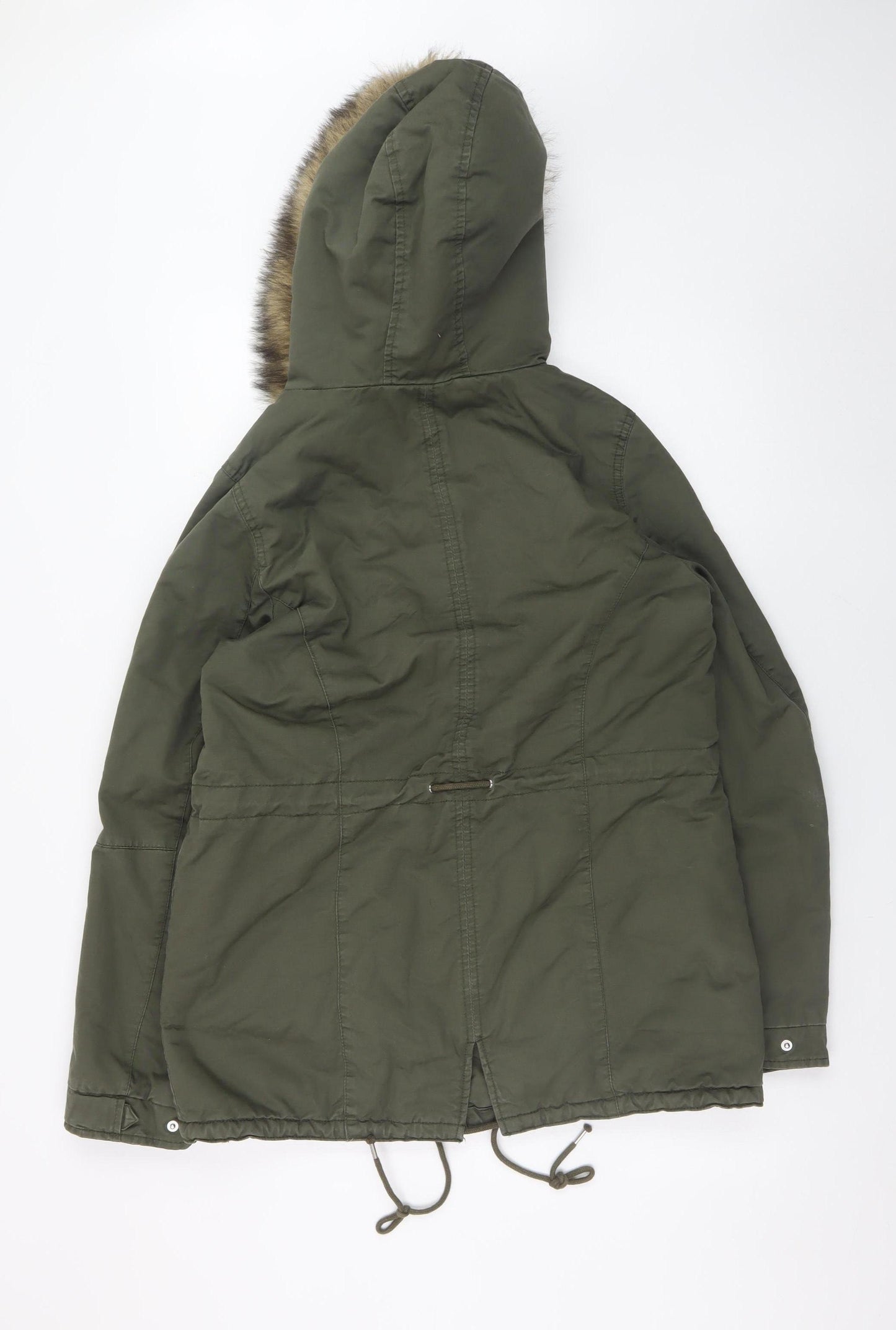 H&M Women's Green Cotton Parka Jacket with Faux Fur Hood Size 12