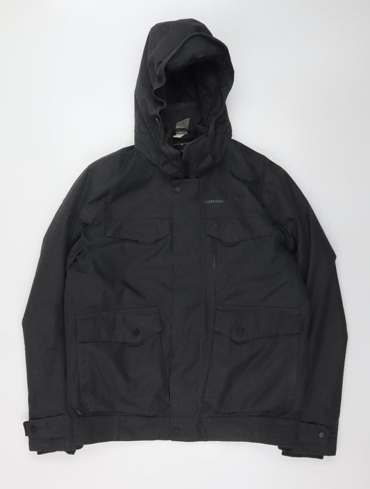 Quechua Men Black L Waterproof Parka Jacket Hooded Hiking Coat