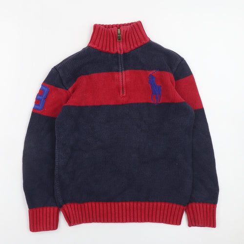 Polo Ralph Lauren Boys Blue & Red 1/2 Zip Cotton Jumper Size 7 Years
