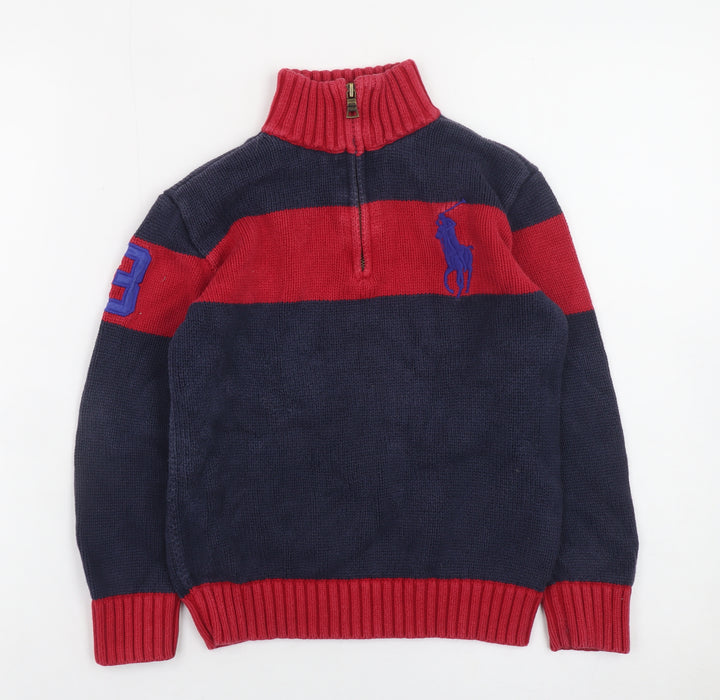 Polo Ralph Lauren Boys Blue & Red 1/2 Zip Cotton Jumper Size 7 Years