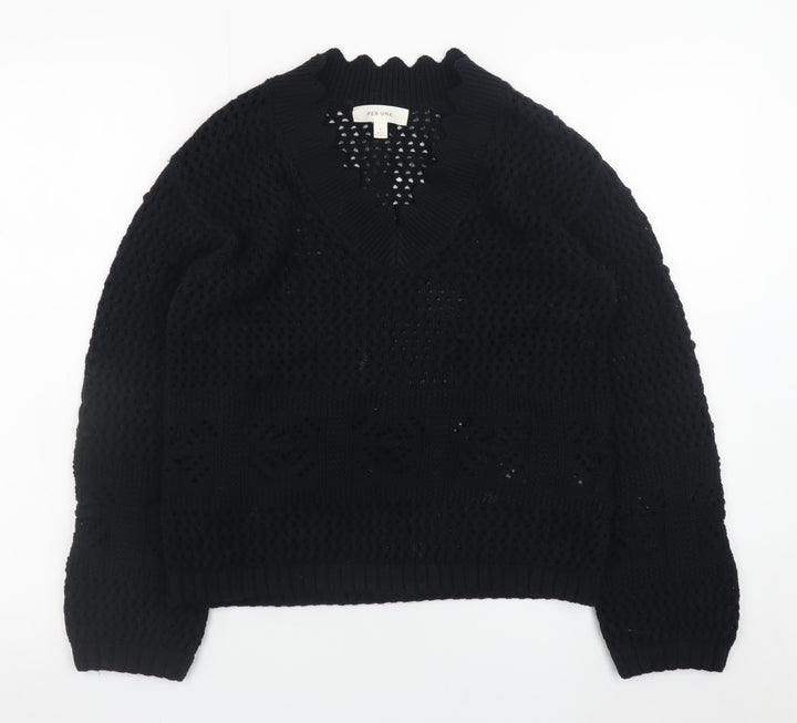 Marks and Spencer Per Una Women's Black Cotton V-Neck Knit Jumper Size S