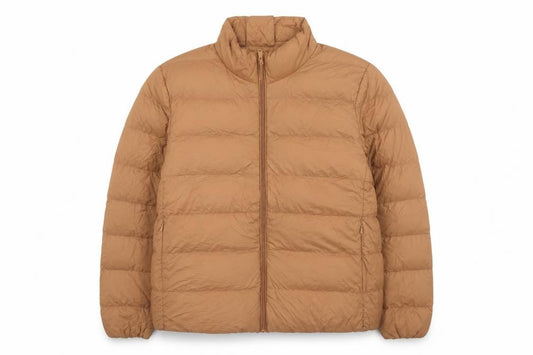 Front view of Marks & Spencer men’s brown mid-length puffer jacket, size 20
