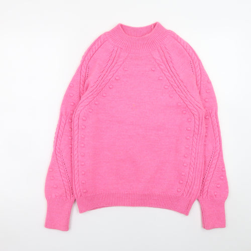 Marks and Spencer Women's Pink Mock Neck Cable-Knit Jumper Size S