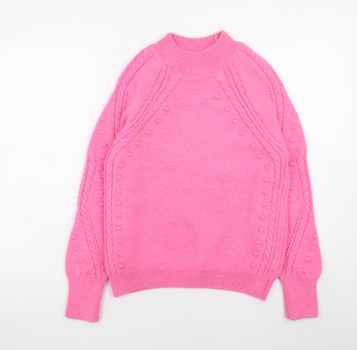 Marks and Spencer Women's Pink Mock Neck Cable-Knit Jumper Size S