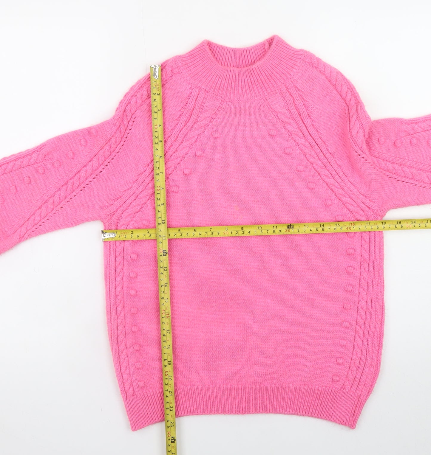 Marks and Spencer Women's Pink Mock Neck Cable-Knit Jumper Size S