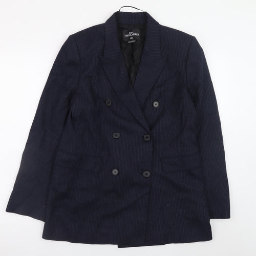 Zara Women Navy Pinstripe Double-Breasted Blazer M Wool Blend
