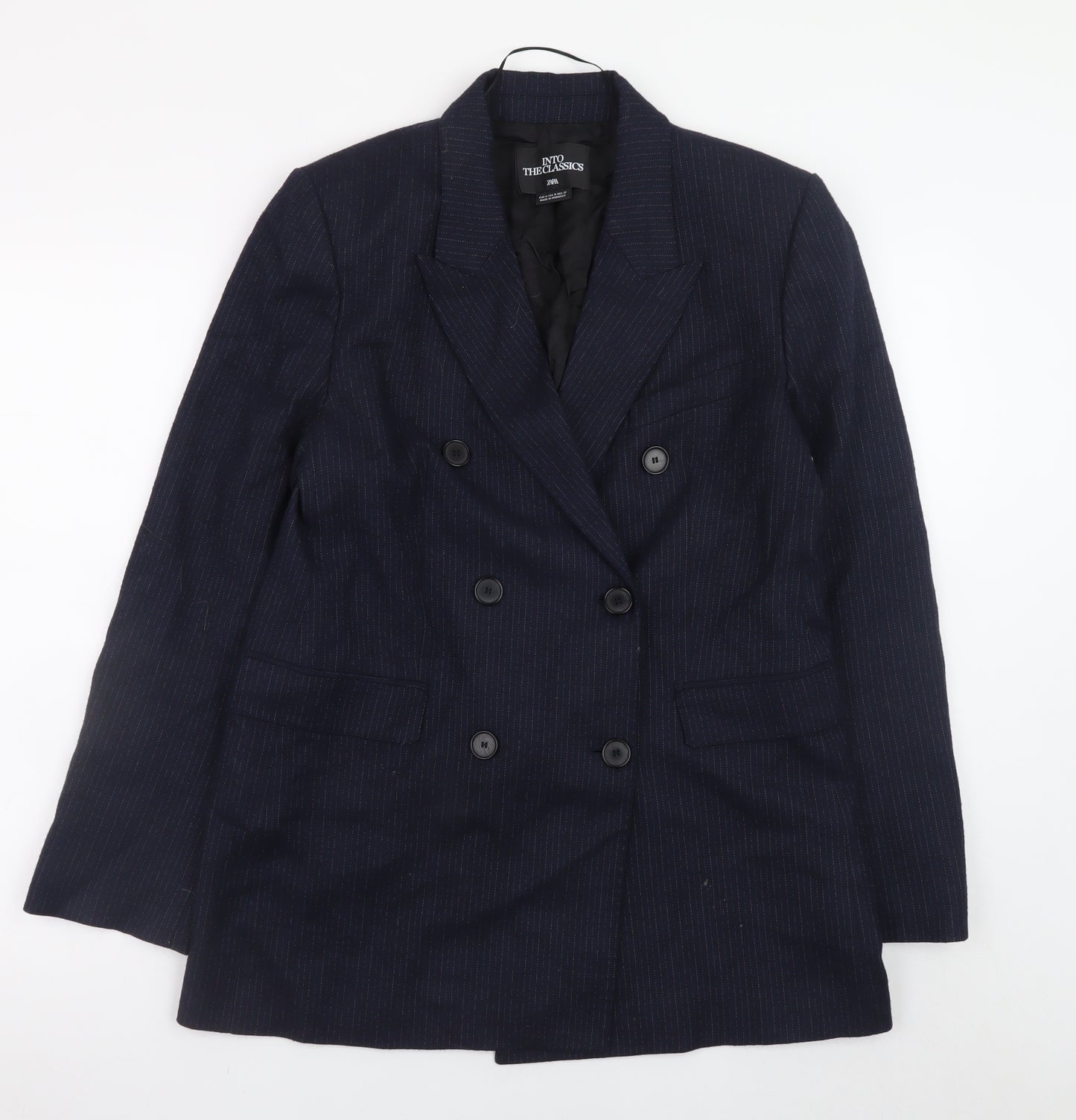 Zara Women Navy Pinstripe Double-Breasted Blazer M Wool Blend