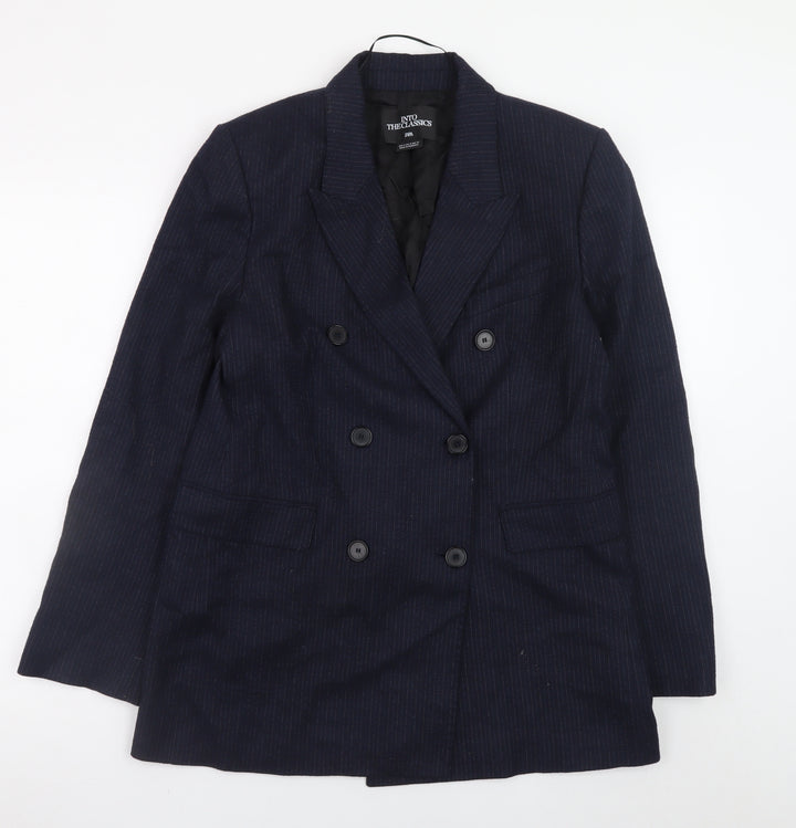 Zara Women Navy Pinstripe Double-Breasted Blazer M Wool Blend