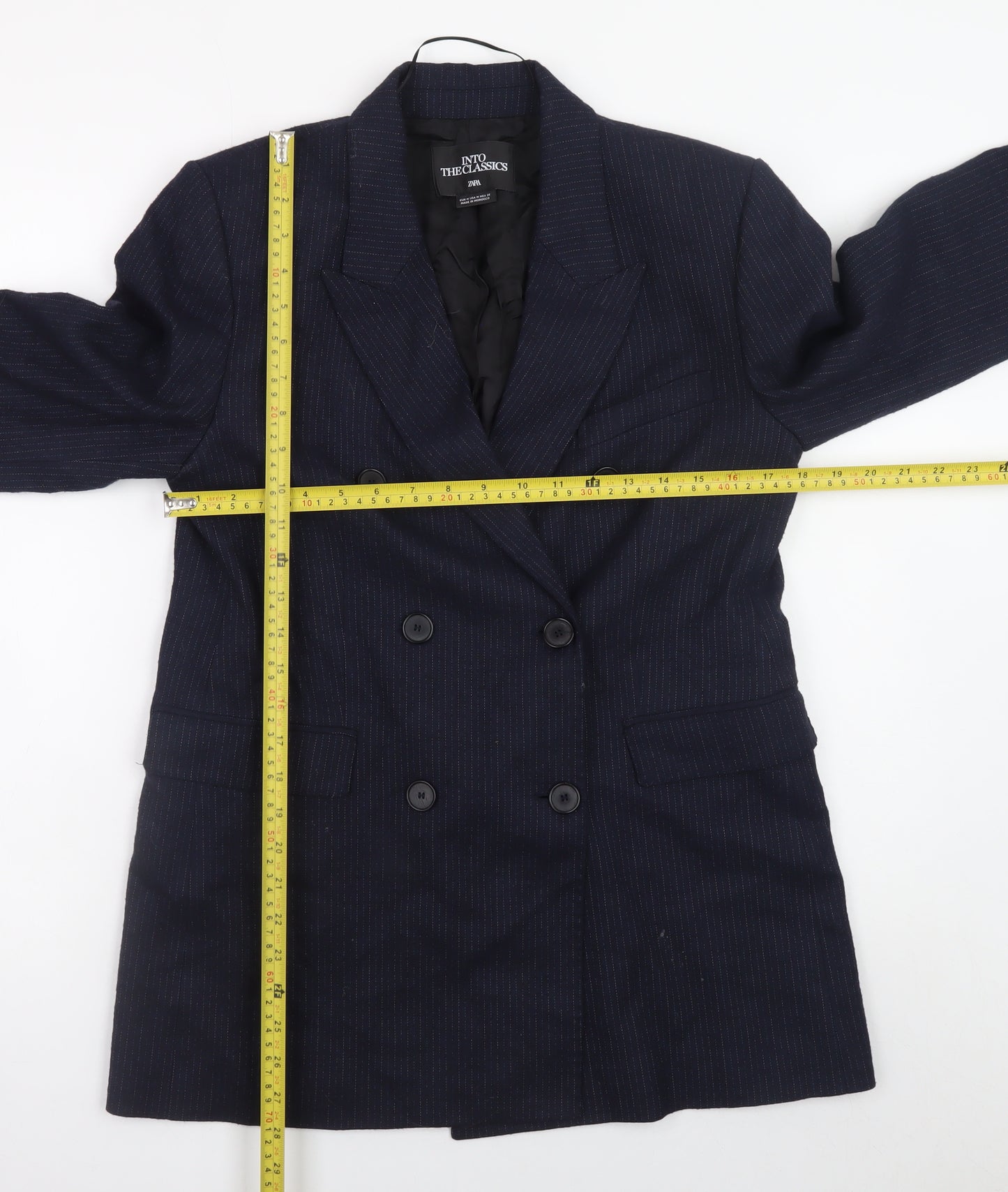 Zara Women Navy Pinstripe Double-Breasted Blazer M Wool Blend