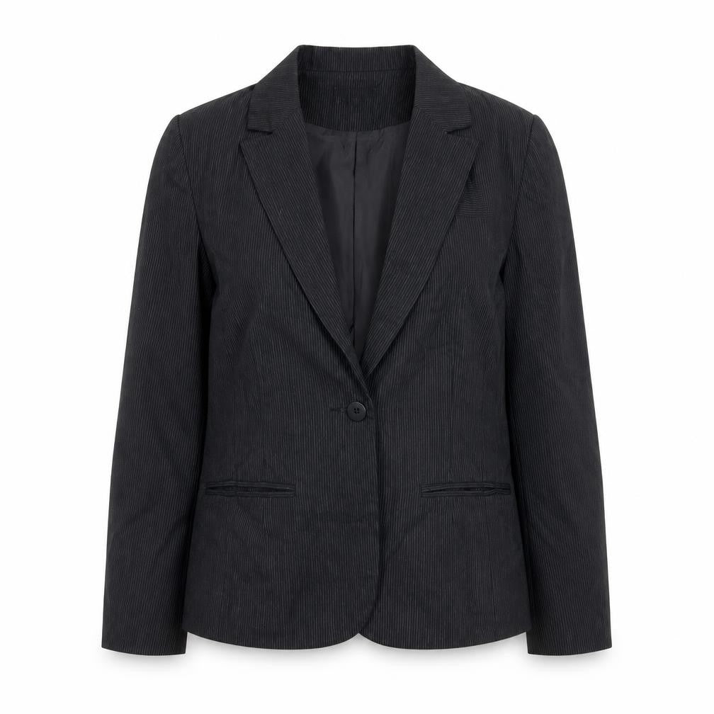 Front view of Therapy women’s black pinstripe blazer, size UK 10, classic formal jacket