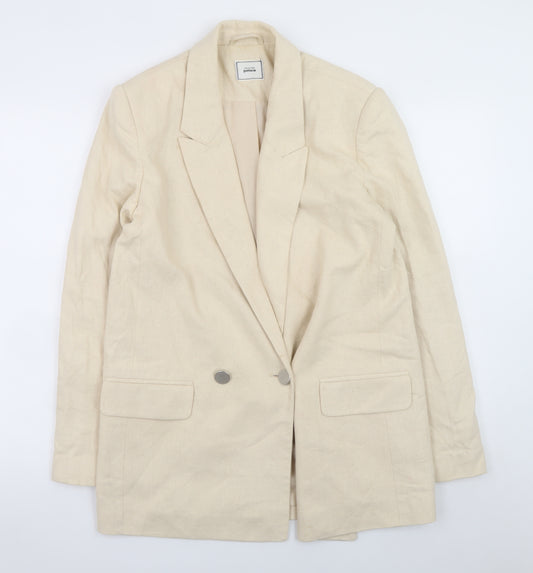 Pimkie Women Beige Linen Blend Double Breasted Blazer Size S
