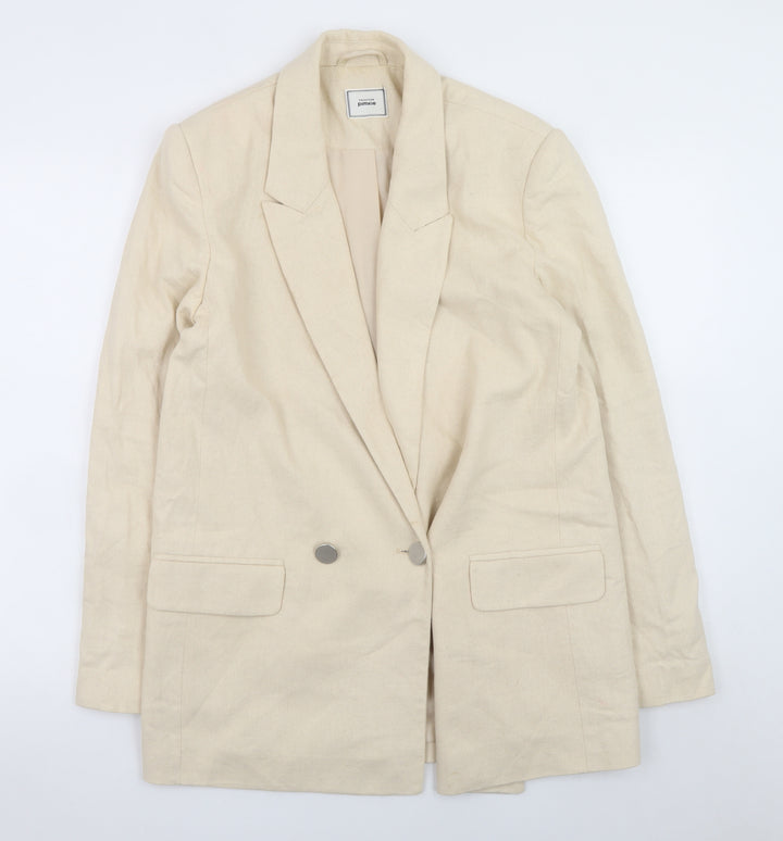 Pimkie Women Beige Linen Blend Double Breasted Blazer Size S