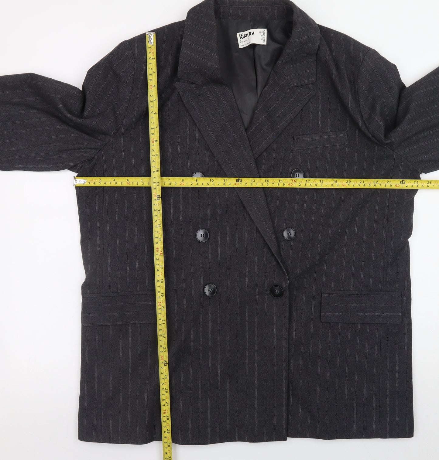 Rita Ora x Primark Womens Black Pinstripe Double Breasted Blazer UK 16