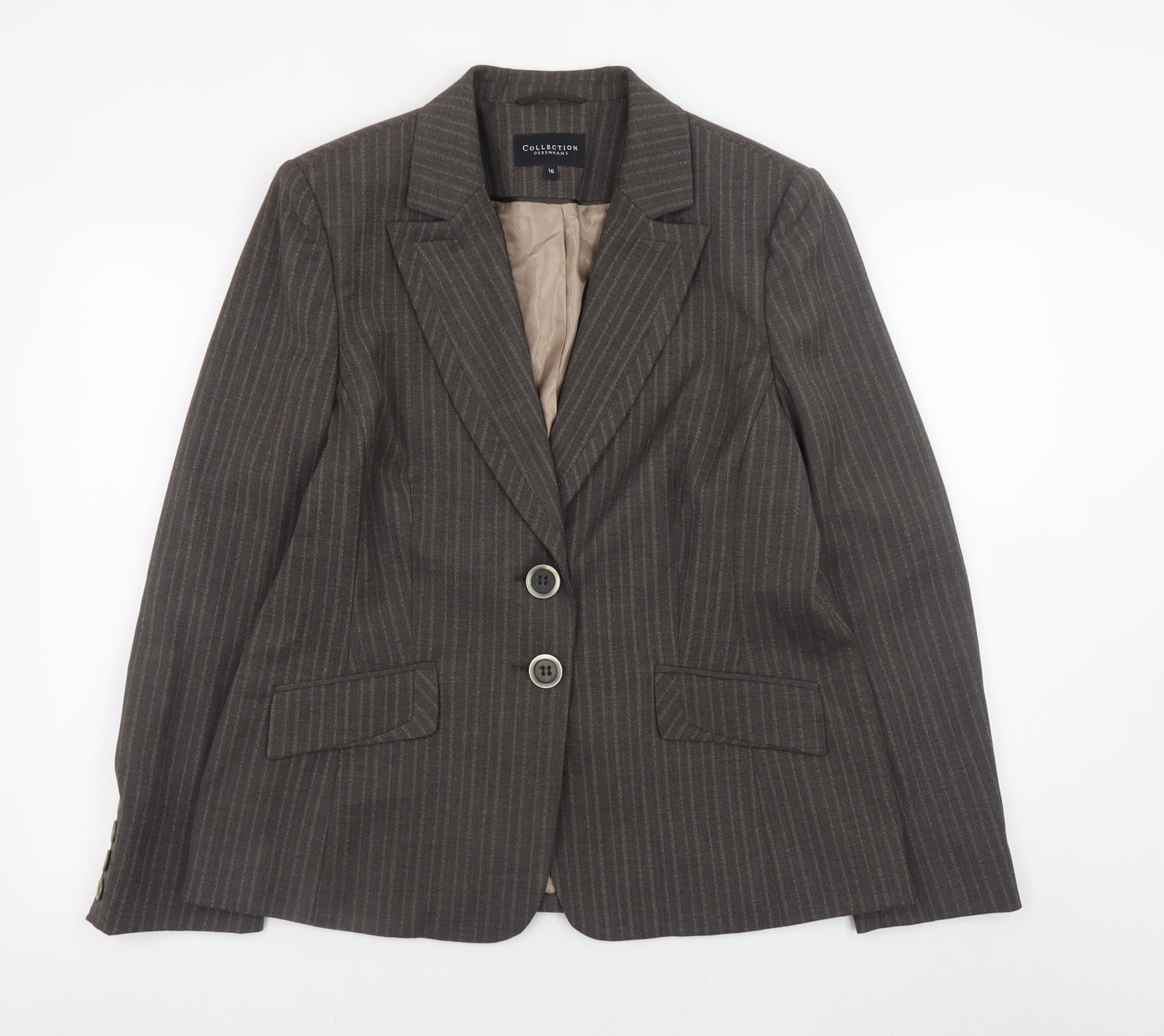 Debenhams Women Brown Pinstripe Blazer Size 16 Single Breasted Lined