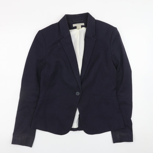 H&M Women Navy Blue Blazer Jacket Size 10 Classic Fitted Style