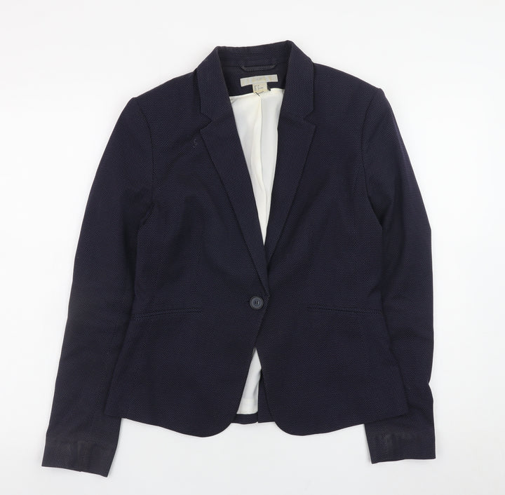 H&M Women Navy Blue Blazer Jacket Size 10 Classic Fitted Style