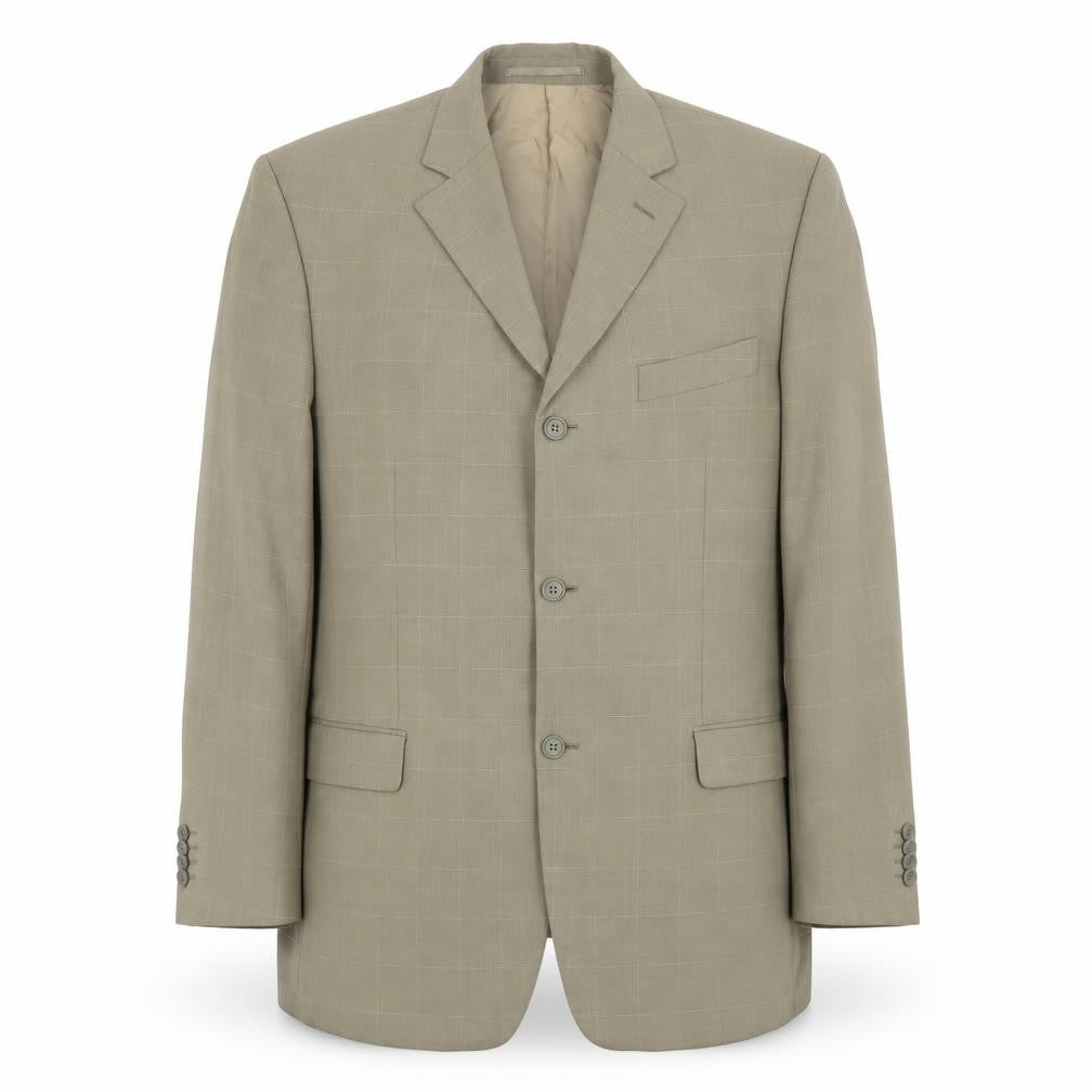 Front view of Rosselini Men's Beige Checked Wool Blend Blazer 42R Classic Fit