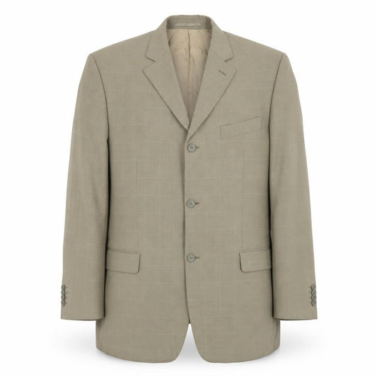 Front view of Rosselini Men's Beige Checked Wool Blend Blazer 42R Classic Fit