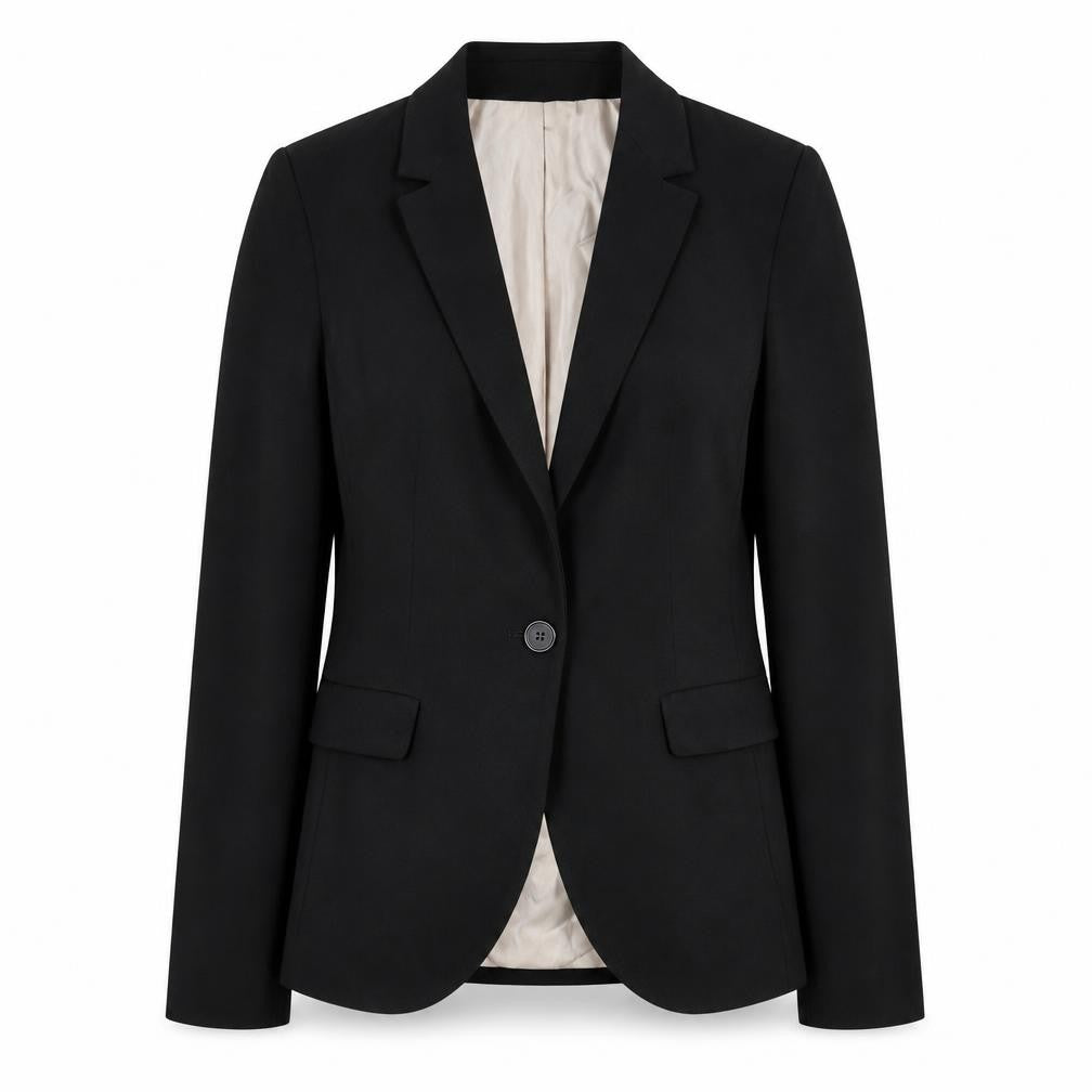 Front view of Zara Basic women’s black blazer jacket, size UK 8, classic single breasted