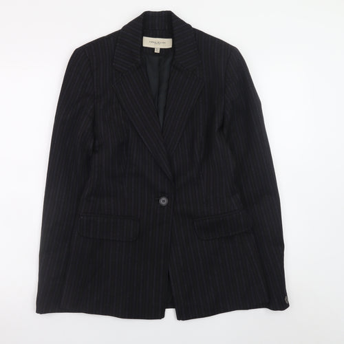 Karen Millen Women Black Pinstripe Wool Blend Blazer UK 10 Slim Fit