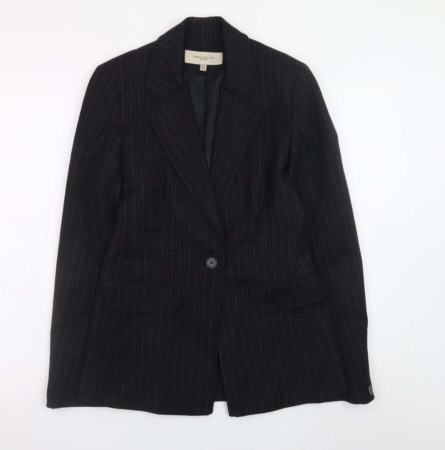 Karen Millen Women Black Pinstripe Wool Blend Blazer UK 10 Slim Fit