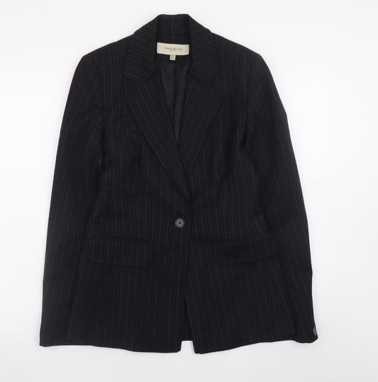 Karen Millen Women Black Pinstripe Wool Blend Blazer UK 10 Slim Fit